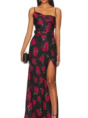 Black Floral Slip Maxi Dress with Red Rose Print
